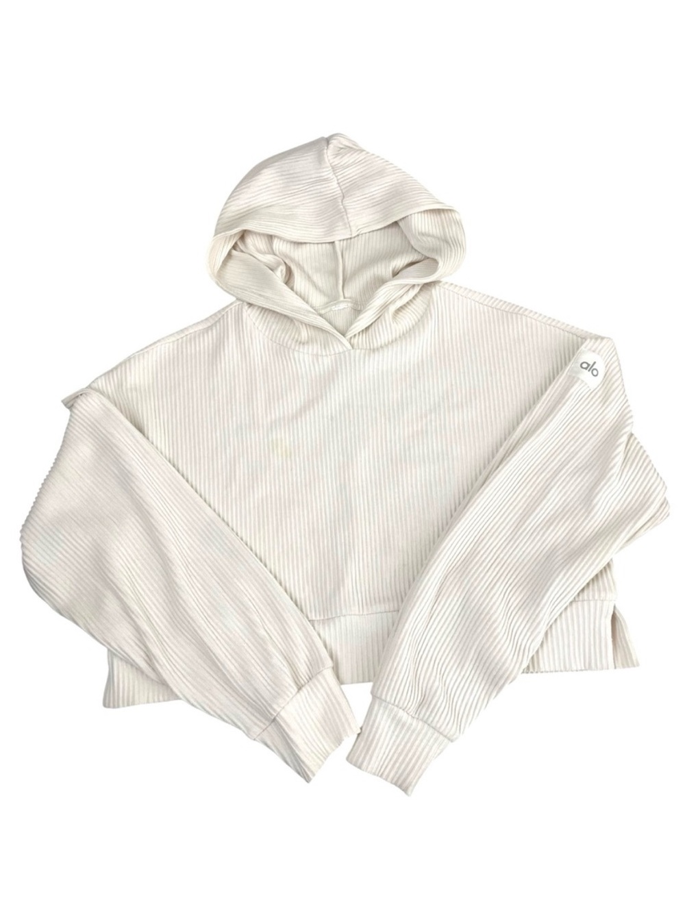 alo Yoga Muse Ribbed Crop Hoodie Pullover Ivory Cream L/XL - Picture 6 of 13